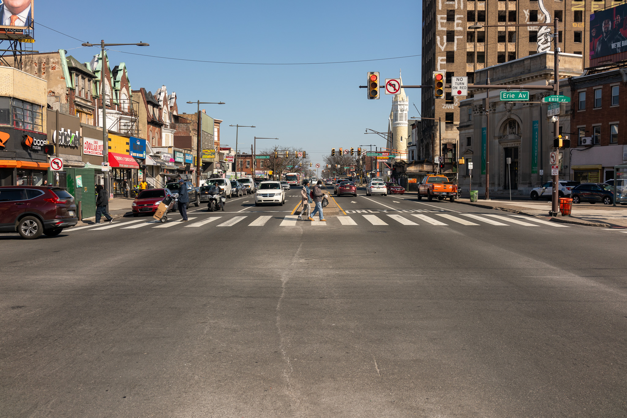 View of N Broad St looking north at the intersection with Erie Ave.