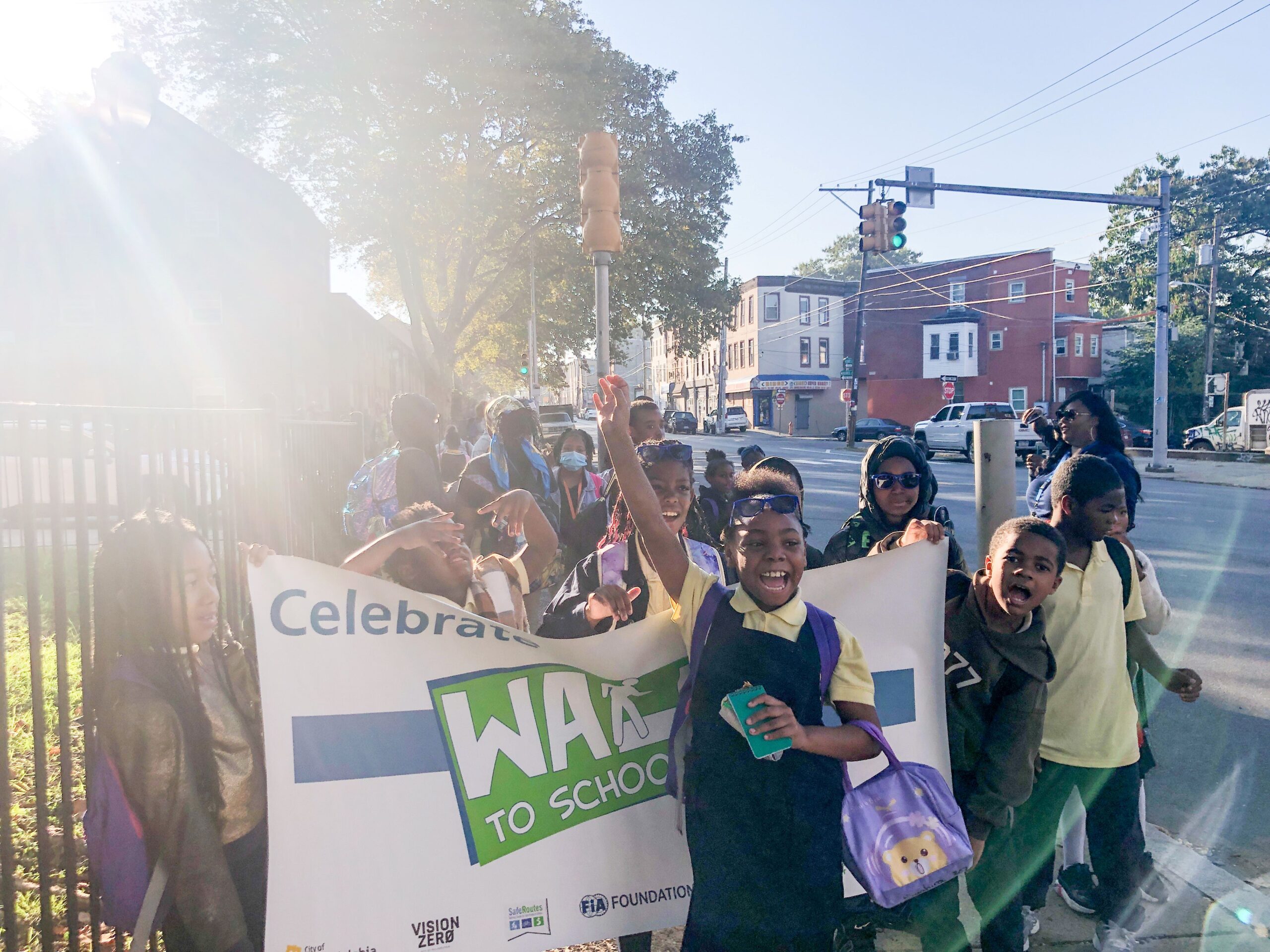 Philadelphia students show their excitement to participate in Walk, Bike, & Roll to School Day.