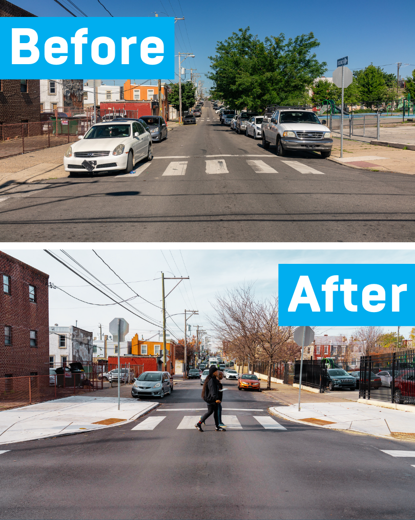 Before and after photos of slow zone safety improvements at a crosswalk.