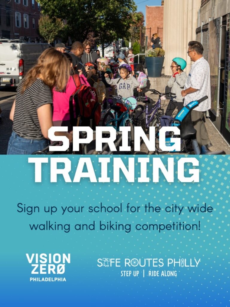 Spring Training graphic that says "Sign up your school for the city wide walking and biking competition!"