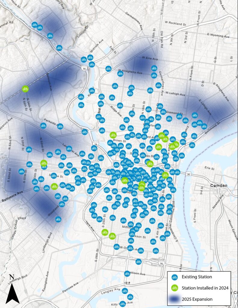 Map of Indego 2025 expansion areas, existing Indego stations, and Indego stations installed in 2024.